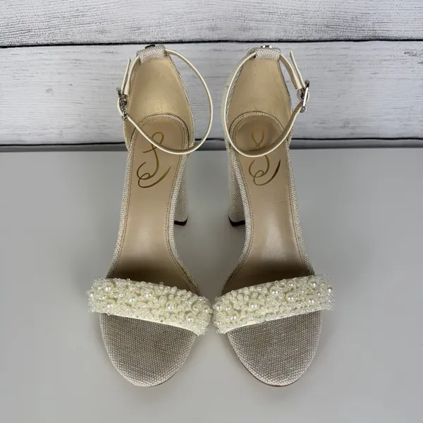 SAM EDELMAN Yaro Perla Beaded Block Heel Sandals Ivory US Size 7.5 Wedding Party - Image 4