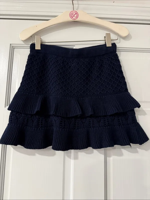 Millie Bobby Brown Navy Knit Tie-Front Ruffle Mini Skirt Soft Perfect Fit XXS - Image 7
