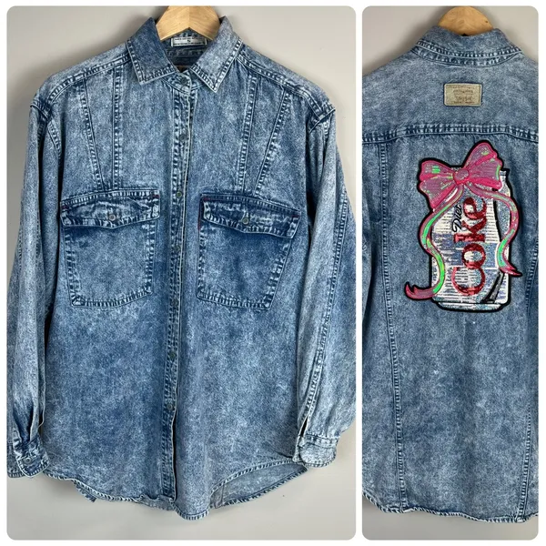 Vintage 80s Levis Sportswear Acid Wash‎ Denim Button Up Shirt Small Sequin Bow S - Image 2