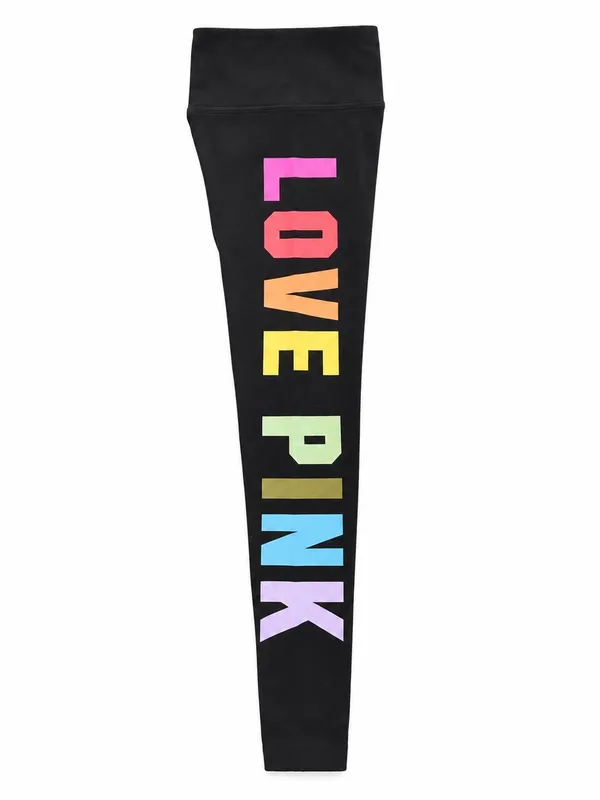 NWT Pink Victoria's Secret Leggings Small Black Rainbow Love Pink Logo High Wais - Image 2