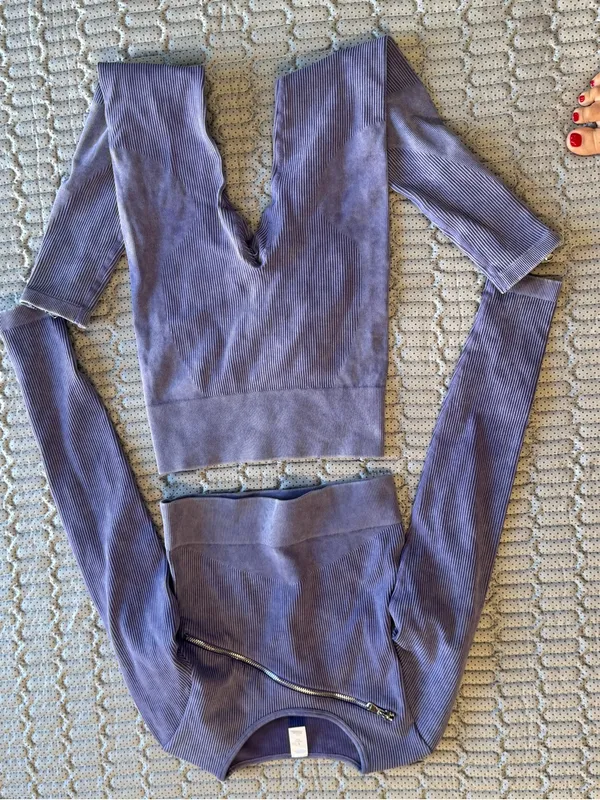Seamless Cutout Ribbed Leggings Set - Purple - Image 4