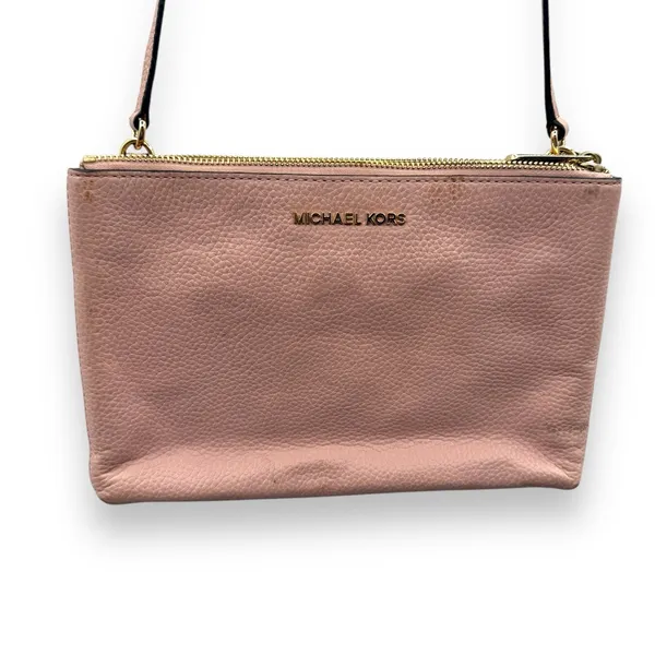 Michael Kors Trisha Medium Pebbled‎ Leather Pink Cream Logo Print Crossbody Bag - Image 2