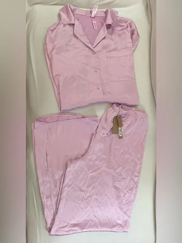 SKIMS Woven Shine Long Sleeve Sleep Set Pajamas Pink Rose Size M NWT - Image 4