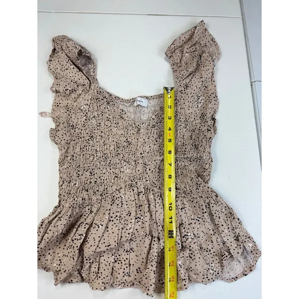Japna‎ Ruffled Sleeve Smocked Peplum Top, Beige and Black Polka Dot, Square Neck - Image 2