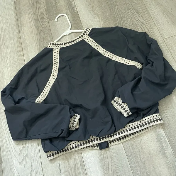 Free People Jacket crochet crop bomber womens Navy Blue small boho preppy casual - Image 5