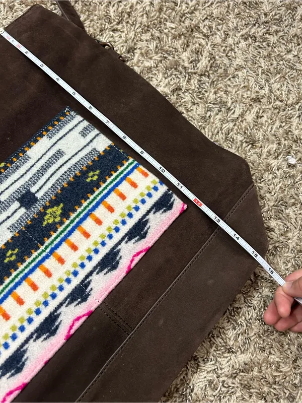 Pendleton Brown Suede Messenger Tote with Multicolor Patterned Pocket and back - Image 2