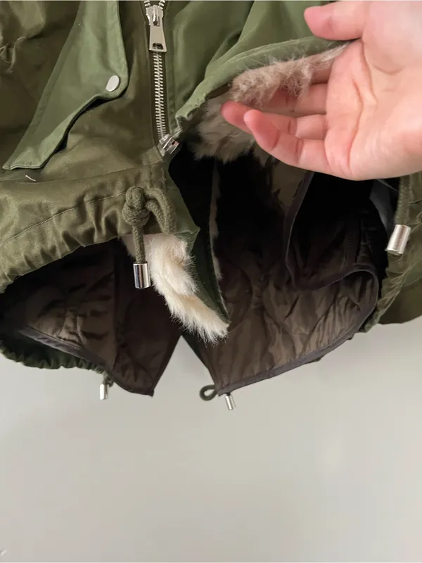 Zara Olive Green Faux Fur Hooded Parka Jacket XS Utility Military Winter Outdoor - Image 7