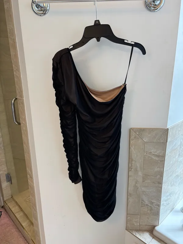 Boutique Black One-Shoulder Ruched Mesh Dress - Image 2