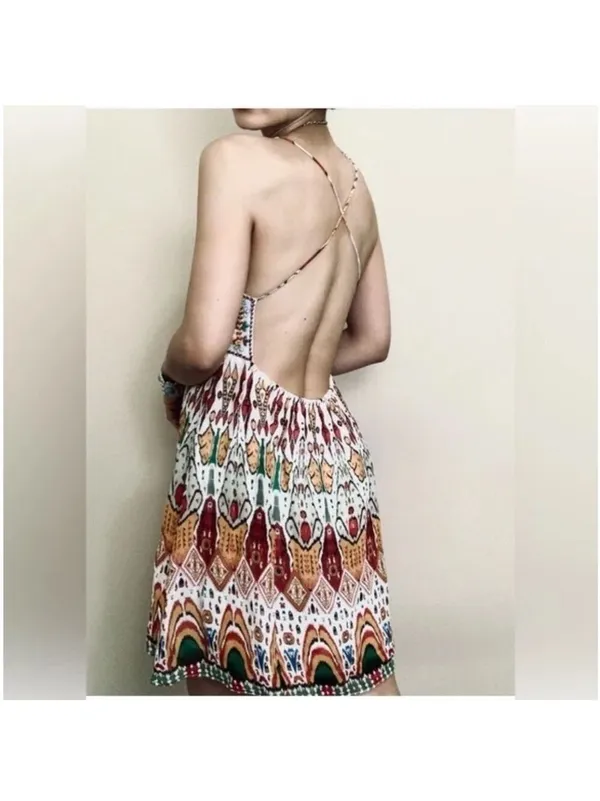 ZARA Chiffon Printed Strappy Embroidered Dress Open Back Sequins multicolor XS - Image 4