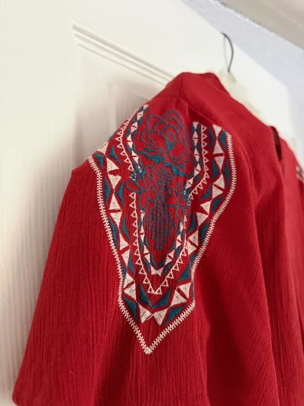 Red 70s Style Culotte Blouse Crisscross Tie-Front Women’s Top - Image 2