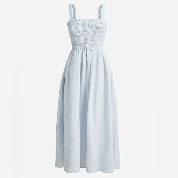J.Crew Smocked beach dress in linen-cotton blend stripe size S 14” pit to pit stretchy - Image 2