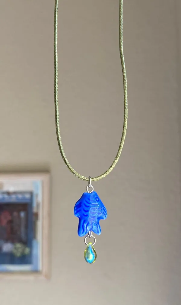 unique funky cute blue ceramic fish & Czech glass teardrop necklace⭐️🐟💕 - Image 2