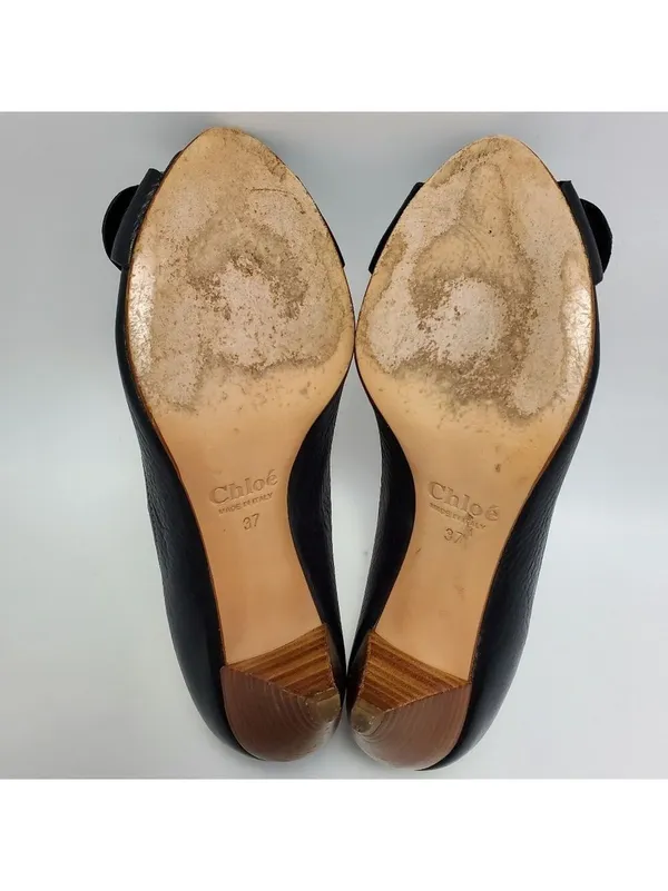 Chloe Leather Buckle Peep Toes Kitten Heels Slip On Pumps Size 37 Black - Image 11