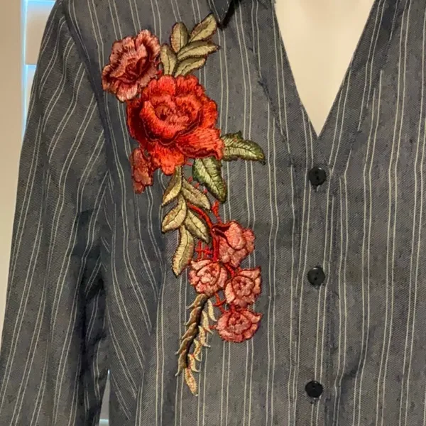 Unique Spectrum Gray Striped Button Down Shirt with Red Floral Embroidery - Image 2