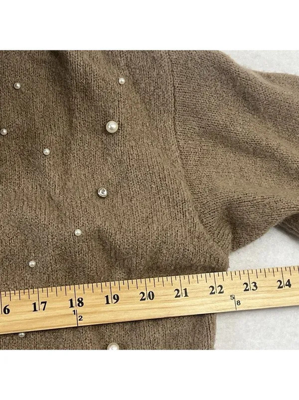 Chico's Open Front Faux-Pearl Cardigan Sweater Size 1 Medium Wool Blend Brown - Image 10