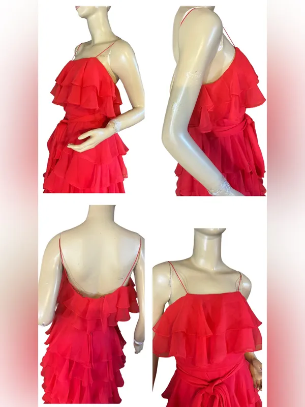 Vintage 1970'S Red Chiffon Tiered Ruffle Miss Elliette California Maxi Dress (S) - Image 8