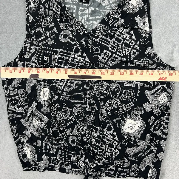 Harry Potter Marauders Map Black Sleeveless Button Up Tie Front Top Womens Large - Image 3