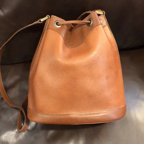 BURBERRYS Brown Leather Drawstring Bucket Bag Nova Check Lining VINTAGE - Image 6