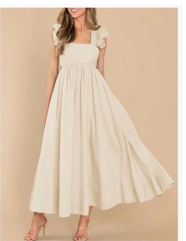 NEW Flutter Sleeve Square Neck Tie Back A-Line Maxi Dress Pocket L - Image 4