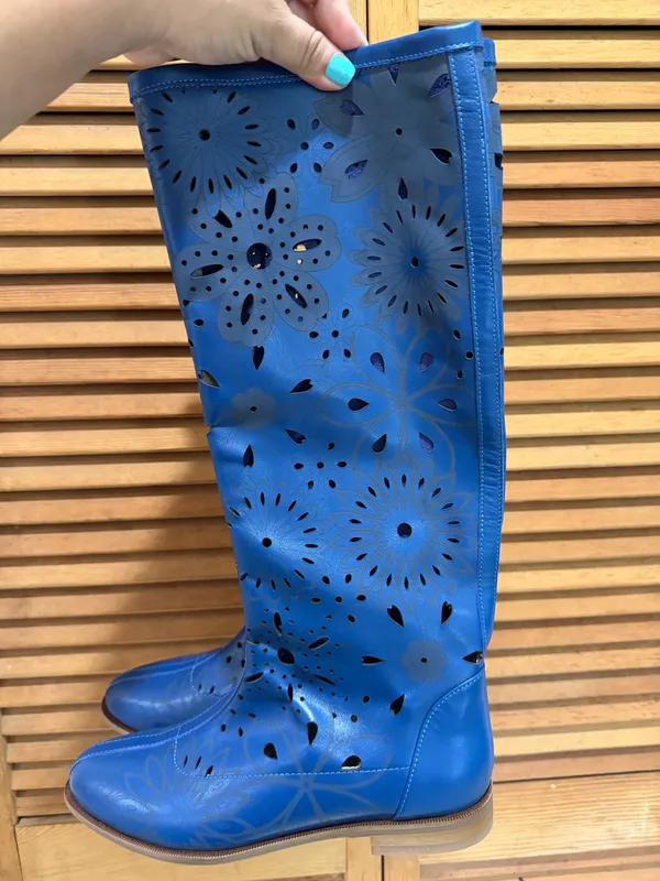 RARE Unbranded Blue Perforated Leather Summer Boots Boho Laser Cut Size 39 - Image 8
