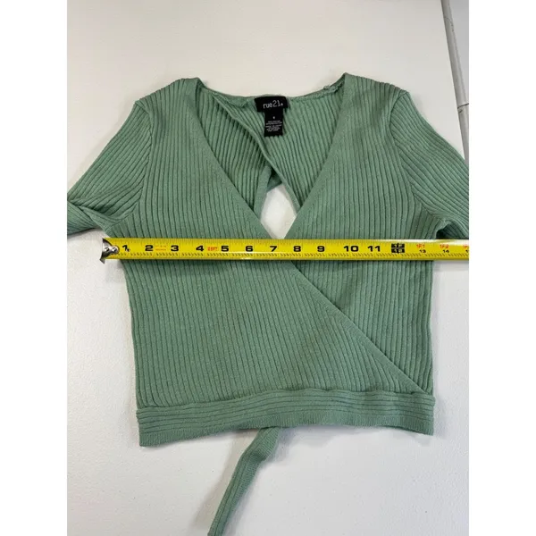 rue21 Sage Green Ribbed Knit Wrap Top Open Back‎ Long Sleeve Crop Top - Image 5