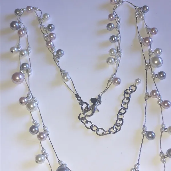 Chico's Silver Tone Faux Pearl Beaded Boho Double Strand Necklace - Image 3