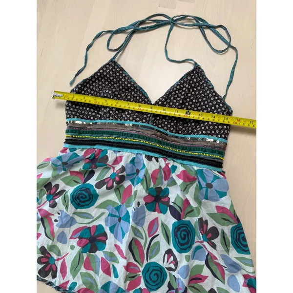 Womens‎ Floral Halter Top Brown Teal Boho Beaded Sequin Empire Babydoll Waist 8 - Image 5
