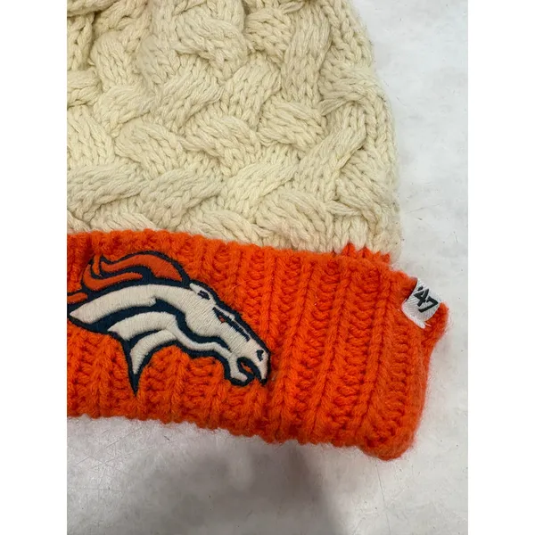 47 Brand Denver Broncos Women's Cable Knit Pom Beanie Hat Cream Orange NFL - Image 2