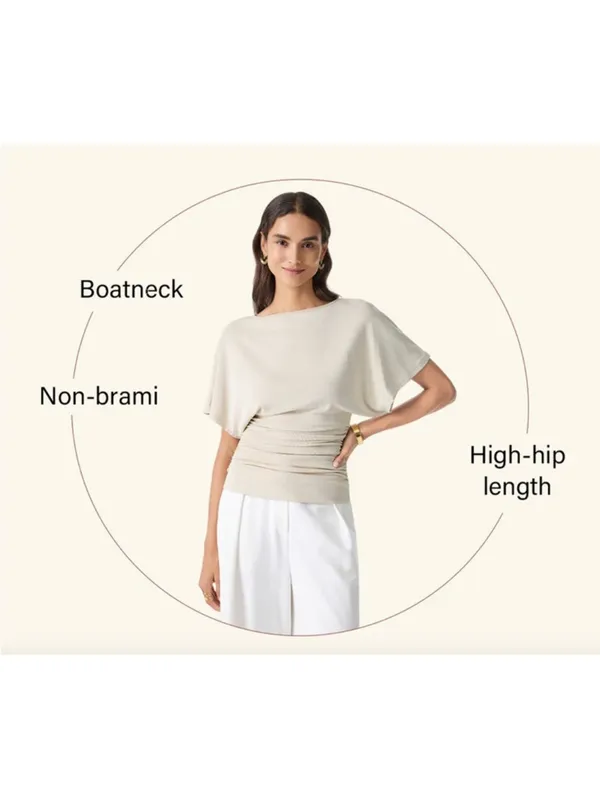 NWT Women’s OGL Short Sleeve Draped Ruched Tee Top Beige Size M - Image 4
