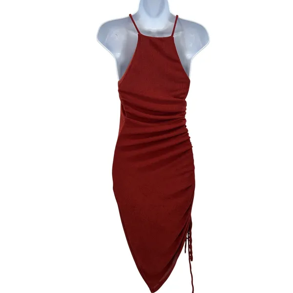 VICI Rust Orange Ruched Asymmetrical Halter Neck Bodycon Midi Dress Size Medium‎ - Image 3