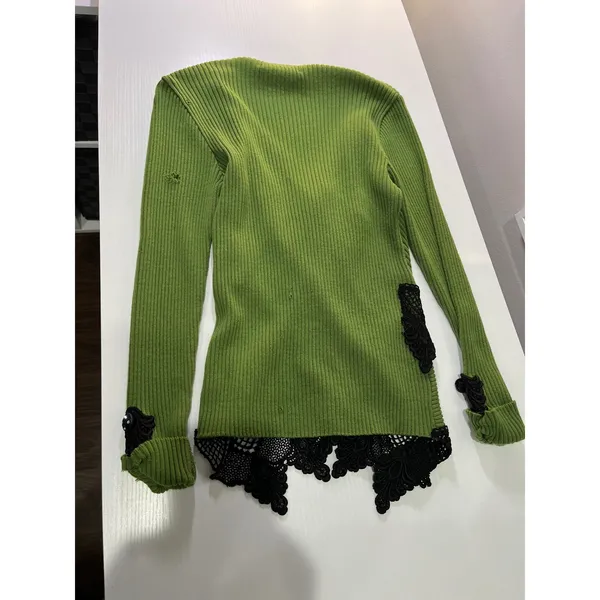 Melony New York Green Ribbed Knit Top -‎ Lace Trim - Flawed/TLC Fine Merino Wool - Image 2