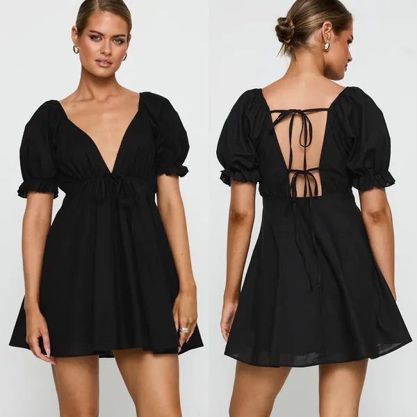 Princess Polly Blissful Black Puff Sleeve Plunge Mini Dress Womens US 10 New NWT - Image 2