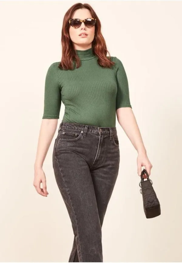 Reformation Ribbed Knit Leia Mock Turtleneck Top in Sage Gren New Size Small - Image 3