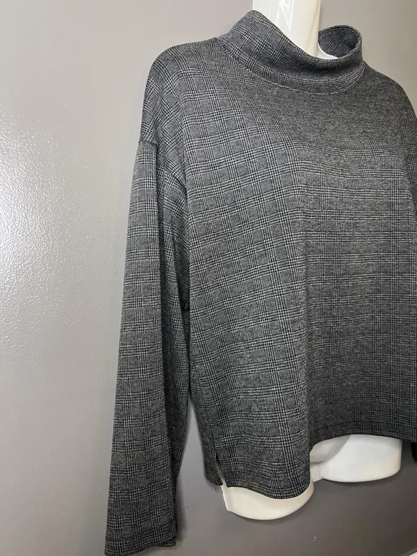 Madewell Blouse Womens Small Gray Check Mock Neck Long Sleeve Stretch Top - Image 3