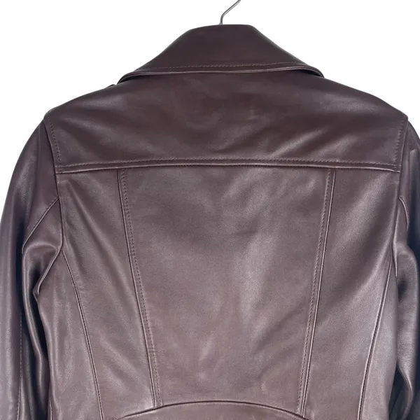 Reiss Leiya Lamb Leather Moto Jacket In Berry Brownish Red Size 4 - Image 9