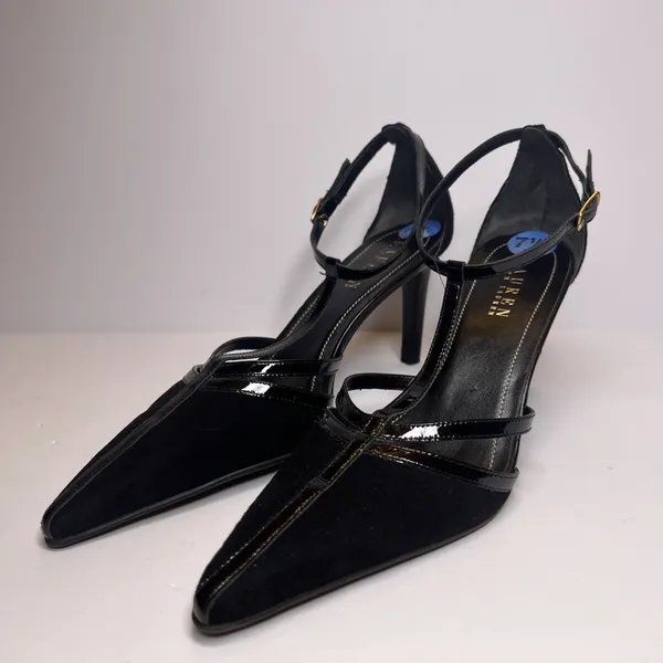 Vintage Y2K Lauren Ralph Lauren Winona Heels 7.5B Black T Strap Pointed Toe - Image 4