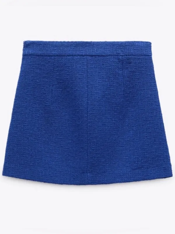 Zara Sapphire Blue Tweed Mini Skirt with Gold Buttons - Image 4
