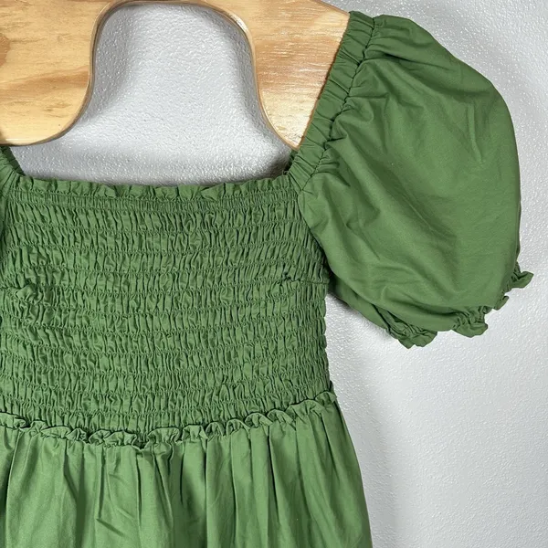 Abercrombie & Fitch Midi Dress‎ Medium Green Smocked Puff Sleeve Prairie Tiered - Image 2