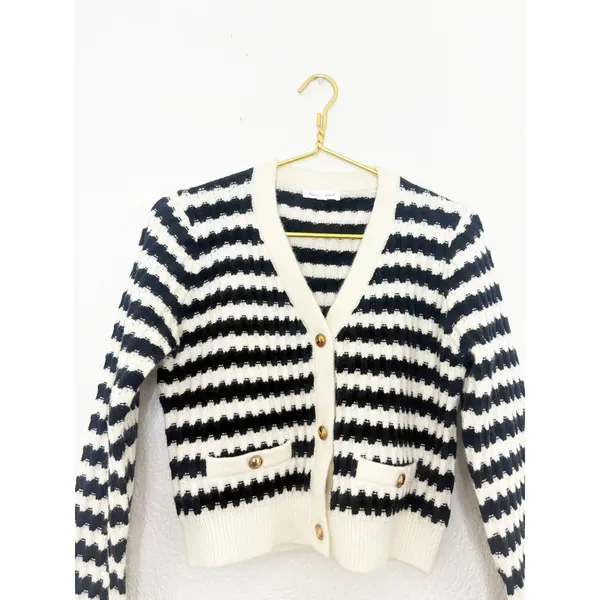 Anthropologie Line + Dot Laurel Cropped Knit Cardigan Size Small Black Striped - Image 5