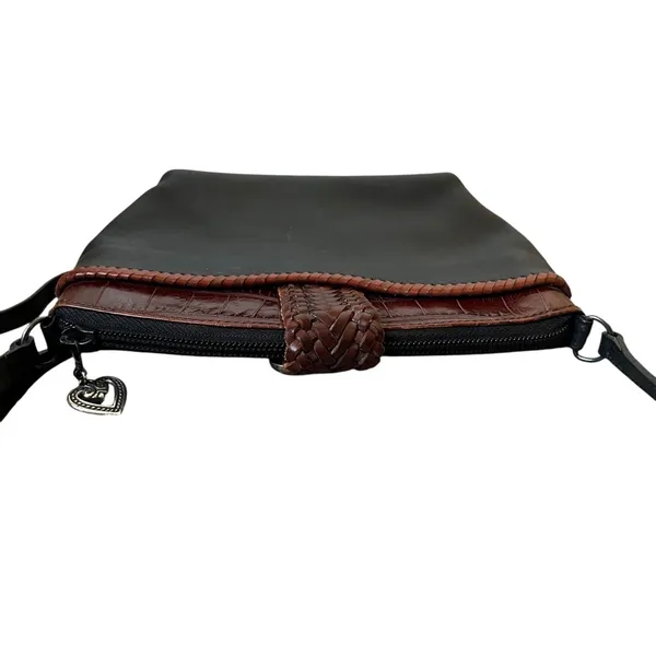 Brighton Vintage Crossbody Bag Black Leather Brown Croc Embossed Heart Accent - Image 8