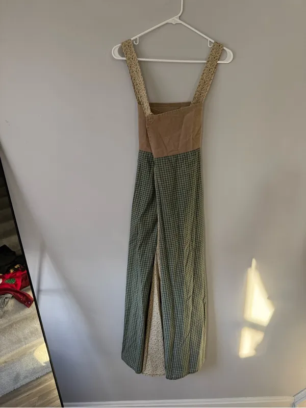 VTG KIND KLOTHING Boho Hippie Patchwork Maxi Dress Floral Straps Beige Green S M - Image 5