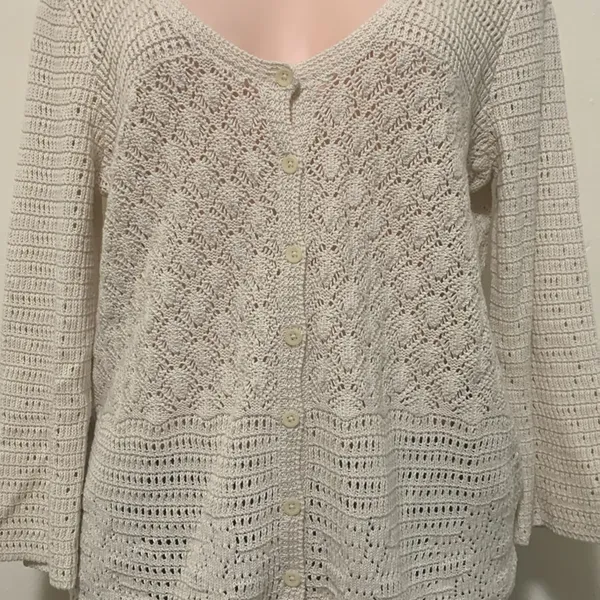 Lucky Brand crochet cardigan woman size XL button up v neck tan cream color - Image 2