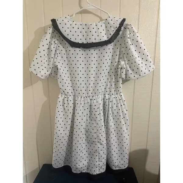 Us Together Polka Dot Peter Pan Collar Mini Dress White Navy Blue Puff Sleeve M - Image 3