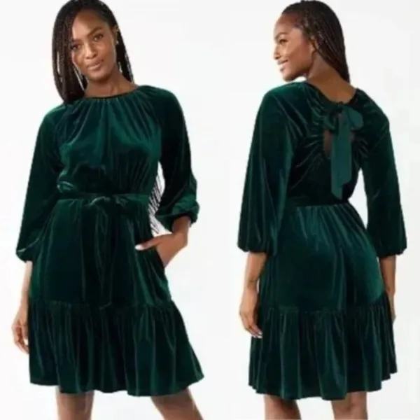 Draper James RSVP Velvet Dress Emerald‎ Green Tie Back Ruffle NWT Holiday XL - Image 2