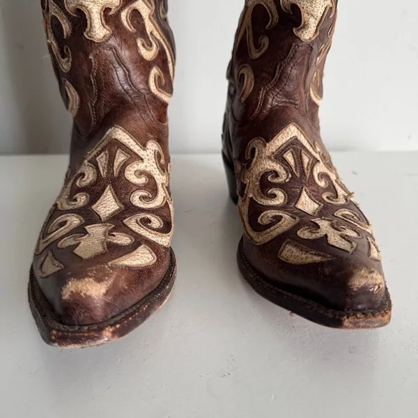 Tony Lama Y2K Floral Design Western Cowboy Boots Size 7 Brown - Image 6