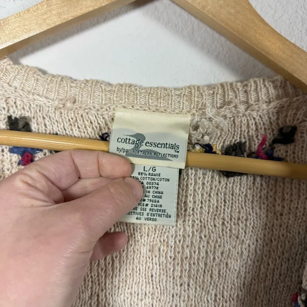 VINTAGE Cottage Essentials Women’s Chunky Knit Floral Cardigan Beige Multi L - Image 7