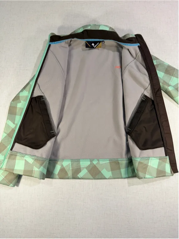 Salomon Women’s Fleece Lined Softshell Ski Jacket Geometric Plaid Mint Brown M - Image 6