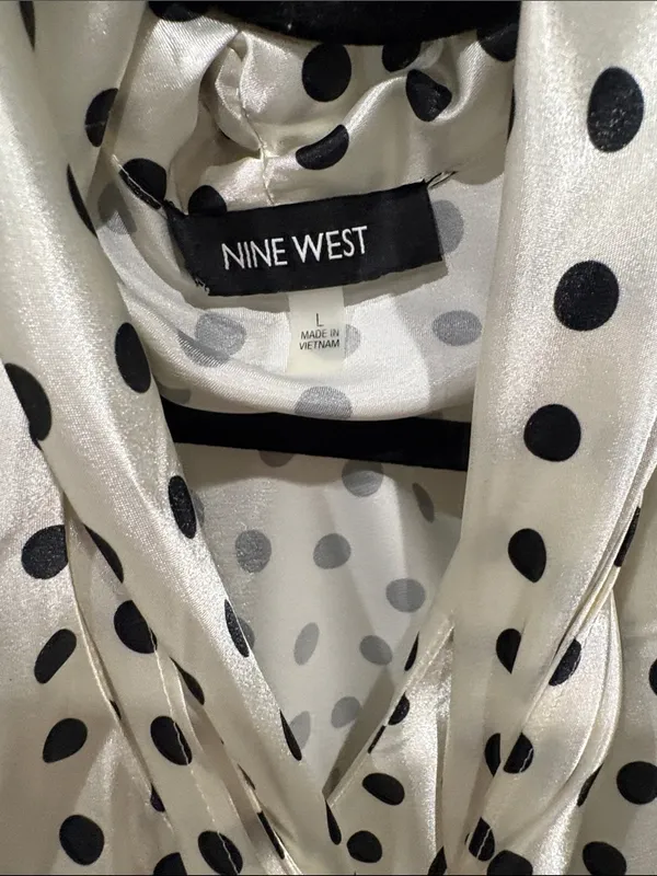 Nine West Black and White Polka Dot Satin Blouse with Tie Neck Size L - Image 2