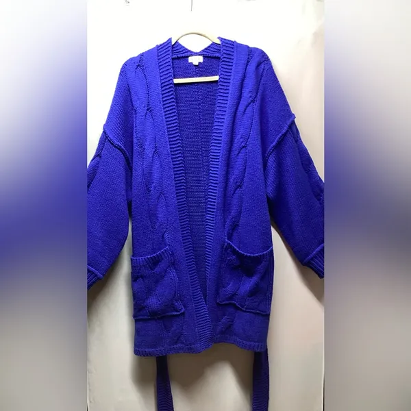 POL chunky cable knit sweater Long open front Belted cardigan Royal Size M/… - Image 13