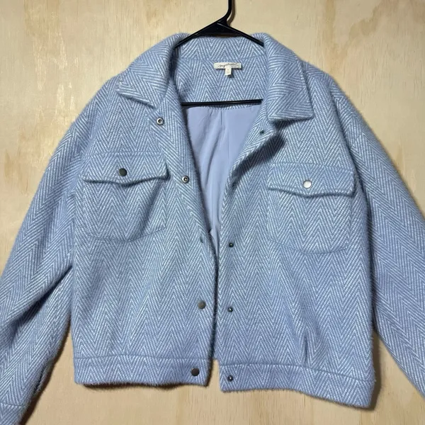 Mystree Women's M Blue Herringbone Wool Blend Cropped Shacket Snap Front Jacket - Image 2